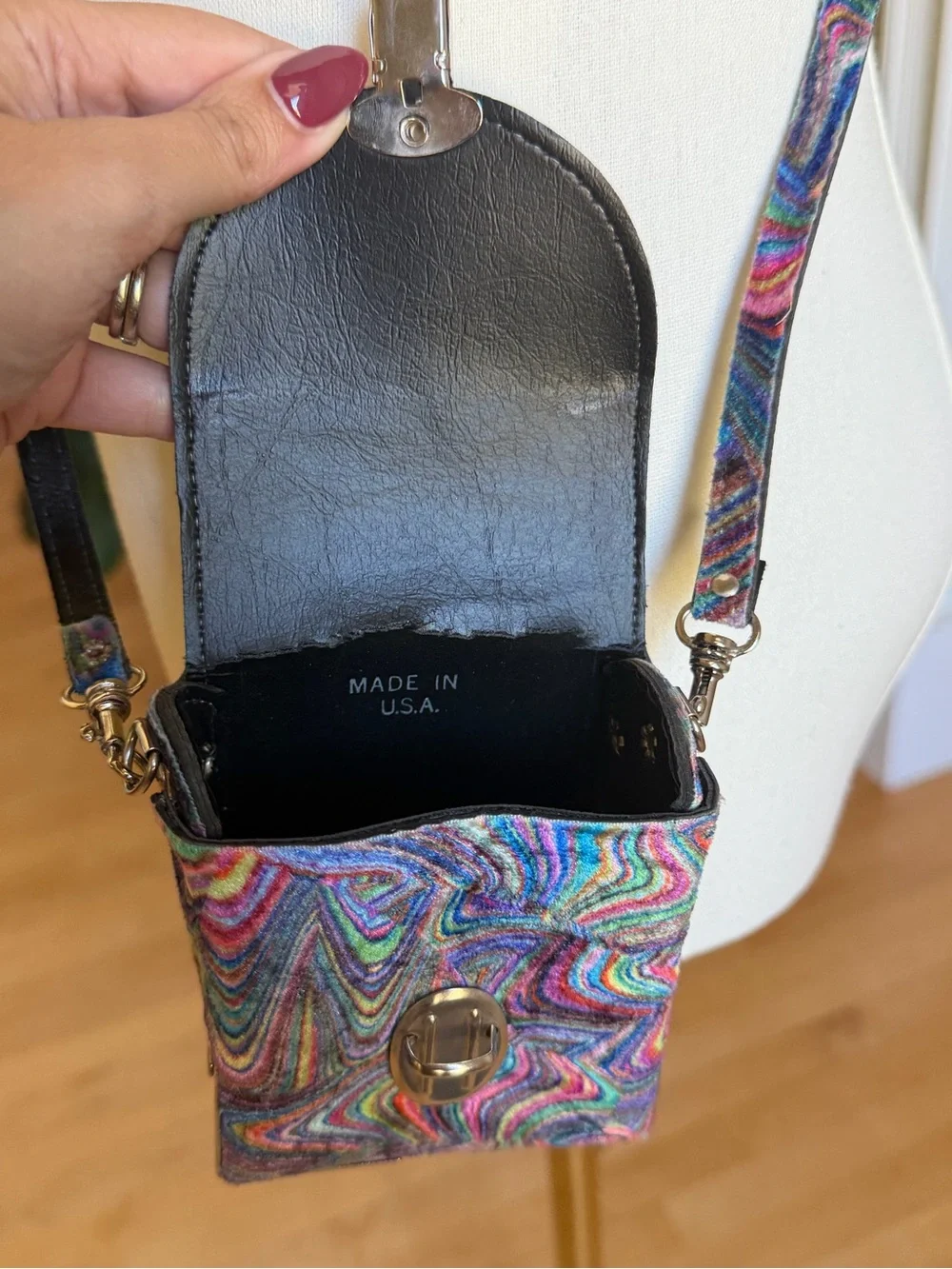 Vintage 60s 70s Psychedelic Rainbow Velvet Box Crossbody Purse USA